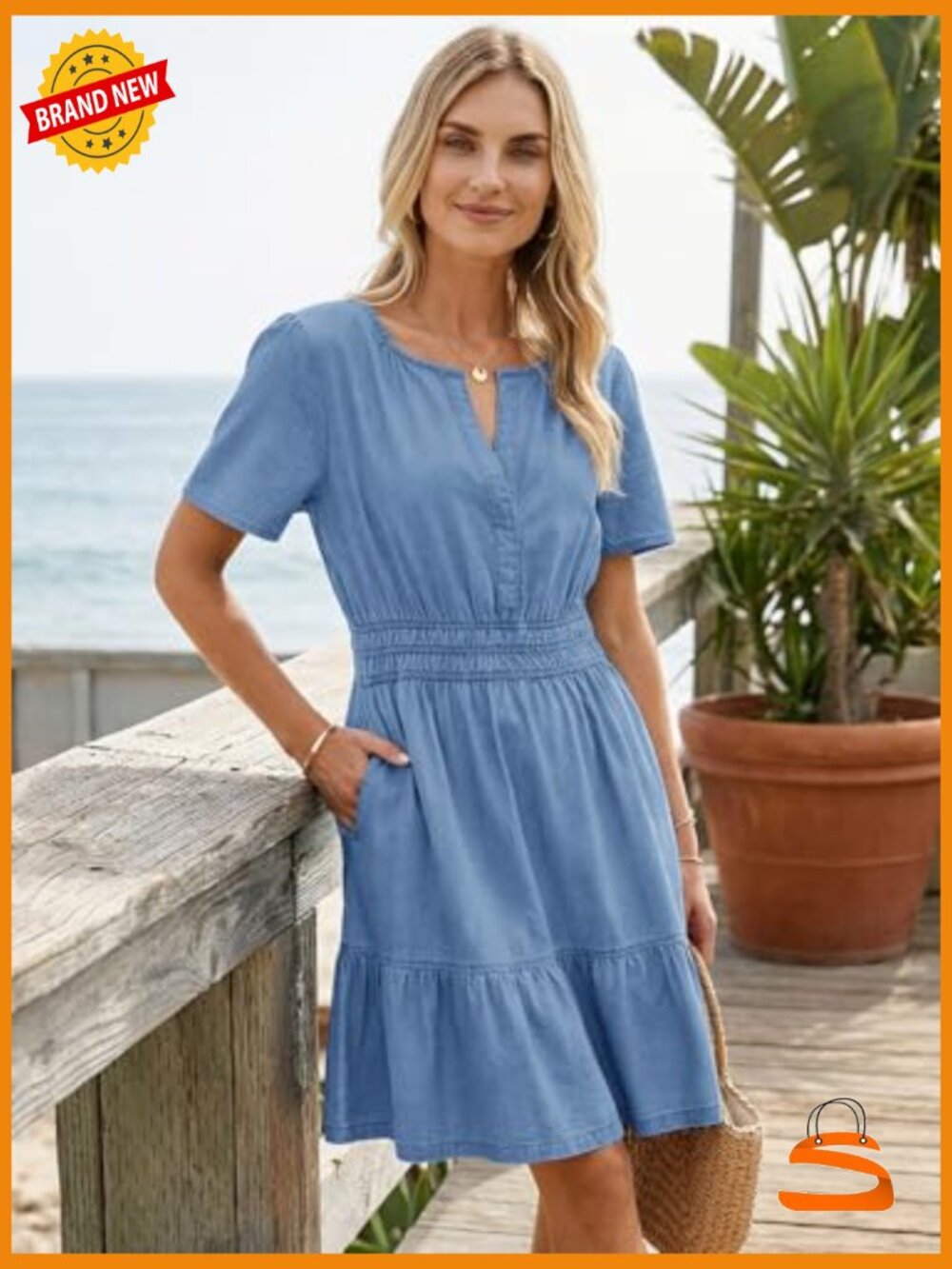 Sleeveless Denim Dress Soft Lightweight A-Line Mini with Pockets - Picture 3 of 6